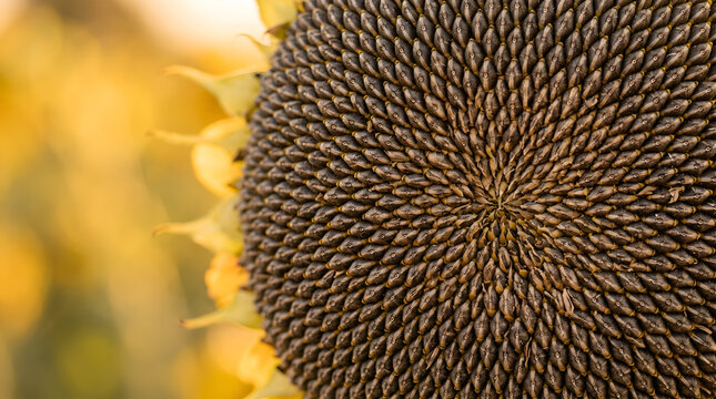 Closeup of sunflower seeds arranged in a natural spiral pattern