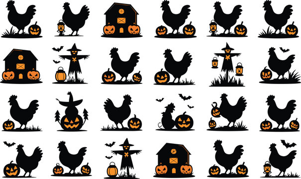Halloween rooster silhouette set featuring farm animals with carved pumpkins and spooky barn motifs