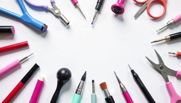 Nail bar tools arranged on white background Top view , supplies, background, brushes