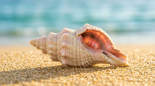 Close Up of Spiral Seashell on Golden Sand Summer Beach