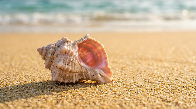 Close Up of Spiral Seashell on Golden Sand Summer Beach