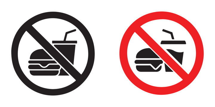 No food or drink allowed sign. fast food and cup with straw prohibited symbol, icon.