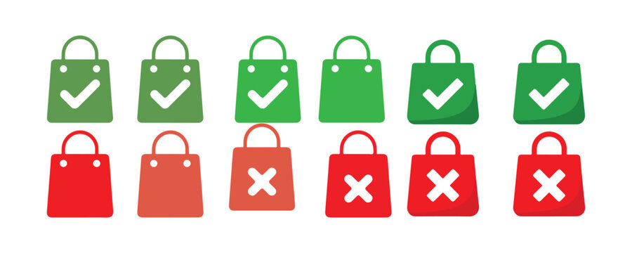 Shopping bag icon set vector check mark cross symbol retail purchase status green red package kit.