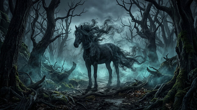 Mystical Black Shadow Horse with Smoky Mane in Dark Spooky Forest Landscape
