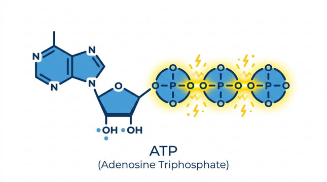 Adenosine triphosphate atp molecular structure diagram illustrating high energy phosphate bonds for biological science education