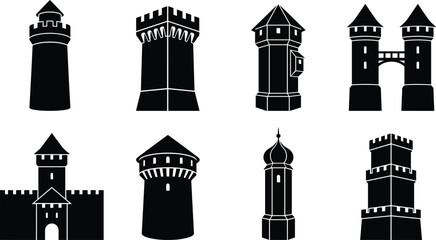 Obraz premium Medieval Castle Tower Silhouette Collection with Fortress Watchtower and Historic Architecture Vector Set