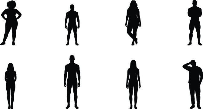 Human Body Silhouette Collection with Male and Female Standing Poses Vector Illustration Set