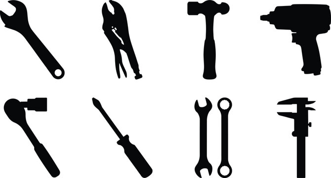 Hand Tool Silhouette Collection with Wrench Hammer Screwdriver Drill and Measuring Tools Vector Set