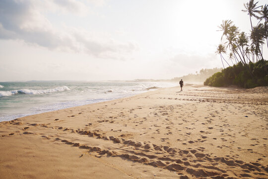 Man on virgin beach at sunset. Travel Sri Lanka