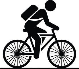 Obraz premium Stylized Figure Riding Bicycle Icon With Backpack Black Silhouette On White Background cyclist