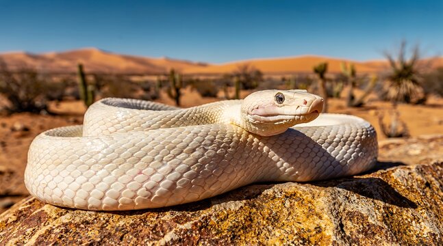 Stunning White Leucistic Snake Coiled on Desert Rock.