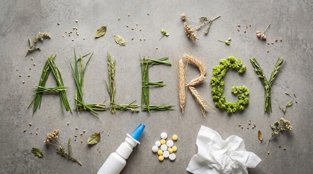 Word &ldquo;ALLERGY&rdquo; spelled with grass and pollen on a gray surface, with scattered plant bits, nasal spray bottle, white tissue, and small round pills arranged below