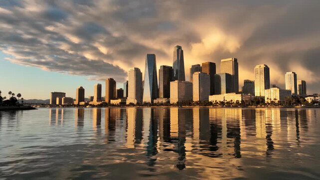 Urban city skyline at sunset reflecting in calm water.