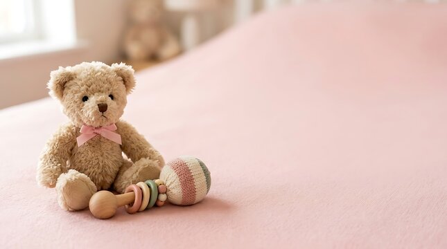 Cute teddy bear with a baby rattle on a soft pink blanket in a nursery room