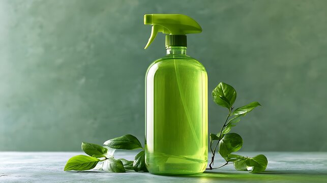 Eco-friendly green cleaning spray bottle with natural plant leaves