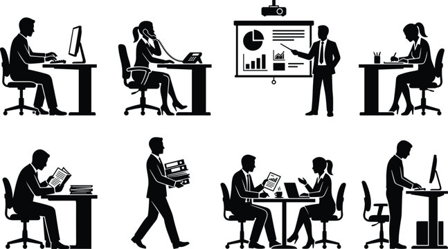 Office Work and Professional Activity Silhouette Vector Set for Business and Workplace Concepts