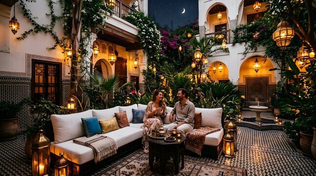 Romantic evening rendezvous amidst lush courtyard greenery illuminated by enchanting ambient lanterns under a twilight sky creating an intimate and serene atmosphere for couples enjoying a
