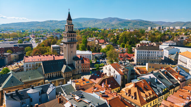Aerial of Bielsko Biała city in Silesia, Poland