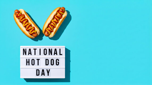 National Hot Dog Day celebration concept, two grilled sausages with mustard on buns, lightbox with text on vibrant blue background