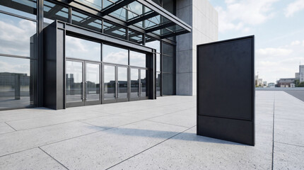 Fototapeta premium Modern Building Entrance with Blank Black Billboard Mockup Template