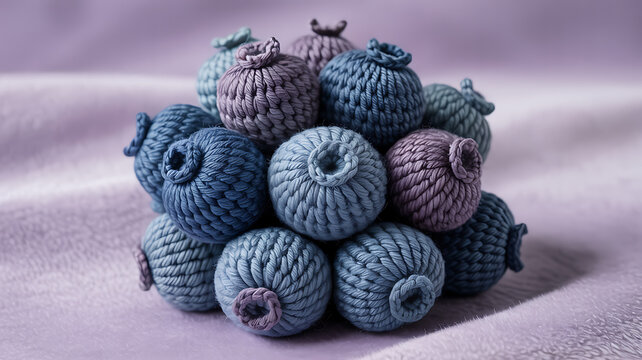 Crocheted blue and purple balls, stacked in a pyramid shape on a light purple fabric background, crocheted balls