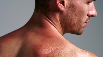 Naklejka premium Man showing red, inflamed skin on his back and shoulders, suffering from a severe sunburn caused by excessive uv exposure and sun damage, requiring dermatology care