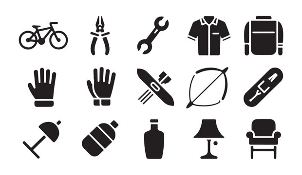 Set of black icons featuring miscellaneous daily objects and simple equipment tools for home usage.