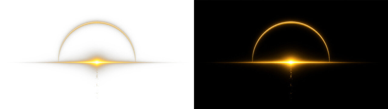 Radiant golden lens flare transparent PNG overlay with luminous sunrise halo, on transparent background