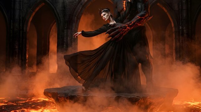 Dark fantasy queen dancing with lava monster demon