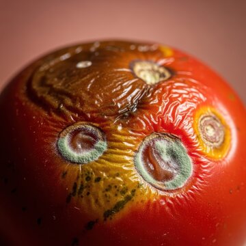 Close up macro shot of a single, bruised, overripe tomato showing signs of age and decay, emphasizing the delicate, soft skin texture and impending mushiness, still life, squishy, agriculture