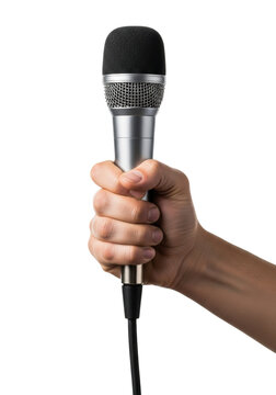 Extreme close-up of a professional light-skinned male hand holding a silver dynamic microphone with dark foam windsock and black xlr cable against white copy space, concept of media professionalism