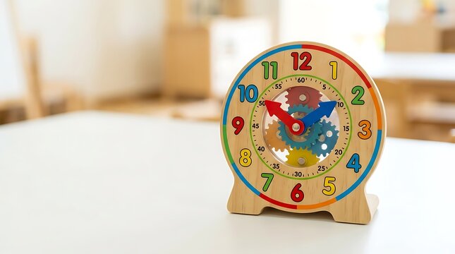 Wooden toy clock with colorful numbers and visible gears on a white table in a classroom