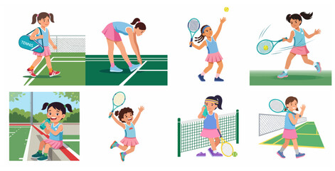 Fototapeta premium Set of Cute Cartoon Little Girl Tennis Player Characters with Various Poses and Actions on the Court, Including Serving, Hitting, Stretching, and Resting
