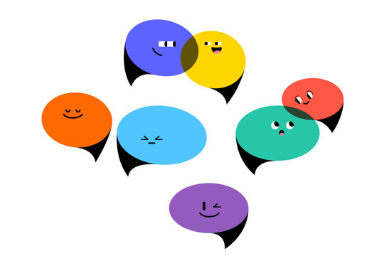 Speech bubble characters set with different emotions. Cute colorful cartoon vector icons of chat bubbles communicating, isolated on white background