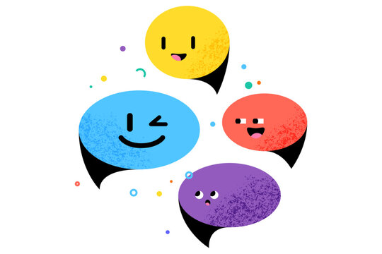 Speech bubble characters with cute happy faces and grain texture on white background. Colorful dialogue cloud bubbles vector illustration for communication, chat, diverse community concept