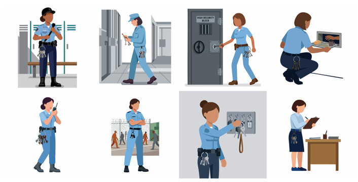 Set of female prison guard characters performing various duties in a correctional facility illustration