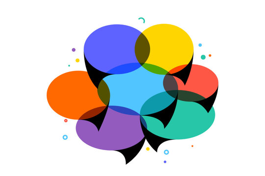 Speech bubble communication concept with overlapping colorful transparent chat shapes. Vector illustration of social network discussion, group talk, isolated on white background
