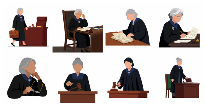 Female Judge Character Set in Various Poses and Situations, Flat Vector Illustration of Professional Woman in Courtroom Law and Justice Concept