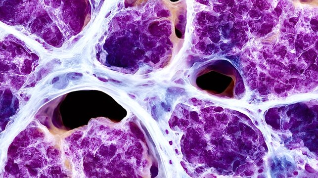 Lung interstitial tissue presenting an intricate network of interconnected purple alveoli and clear air sacs, highlighting complex pulmonary anatomy and cellular biology