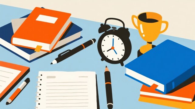 Desktop illustrations featuring books, paper, pens, alarm clocks, trophies, and study/exam preparation.