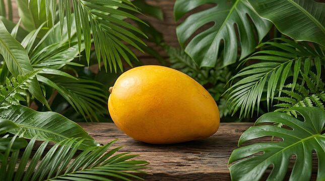 Fresh yellow mango fruit resting on a dark wooden surface surrounded by lush green tropical palm leaves. ataulfo mango