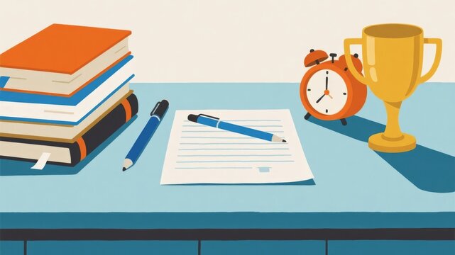 Desktop illustrations featuring books, paper, pens, alarm clocks, trophies, and study/exam preparation.