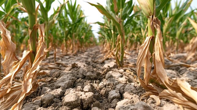 Drought conditions causing corn crops to dry and wilt in a field with parched, cracked soil, impacting agriculture and crop yield due to climate change