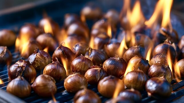 Chestnuts cooking over hot coals and strong flames on an outdoor grill, representing a traditional autumn and winter snack and holiday food preparation