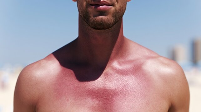 Man suffering from painful red skin and sun damage on his chest and sternum, showing the harmful effects of uv radiation exposure during summer