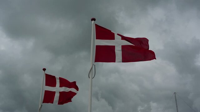 Danish national flags waving in the wind