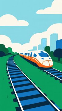 Fresh and charming illustrations of high-speed trains traveling through urban green spaces.