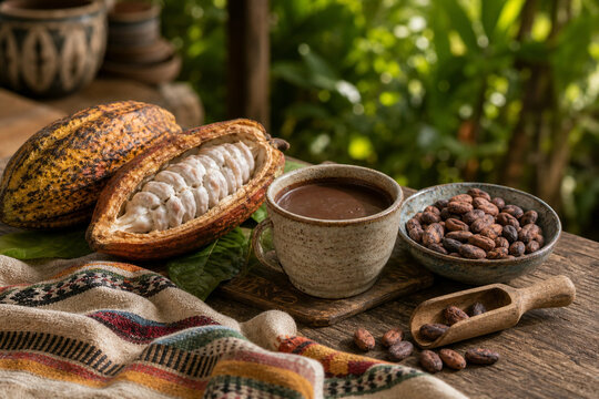 Cacao pods and beans on rustic tropical craft table