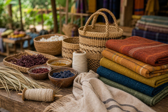 Natural dyed textiles and woven baskets at artisan market