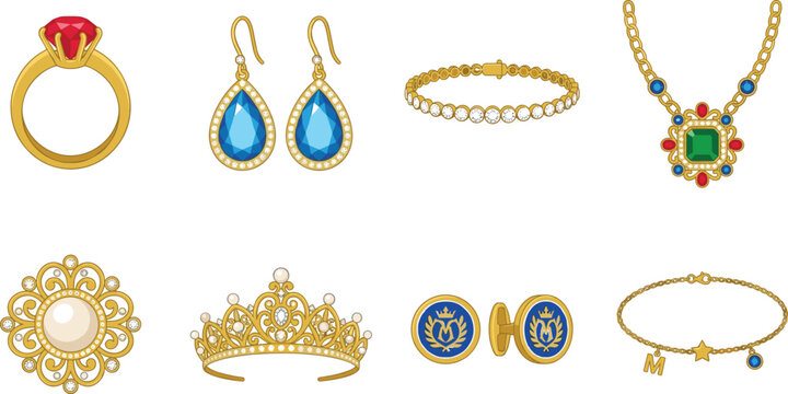 Luxury gold jewelry and royal fashion accessories vector icon set isolated on white background
